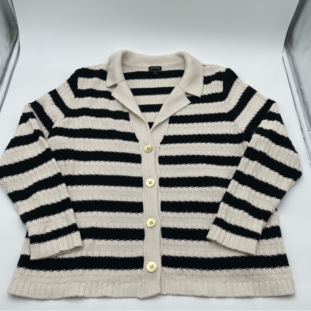 J Jill Wherever Collection Striped Black Ivory Knit Cardigan Large Petite Office - Picture 5 of 12
